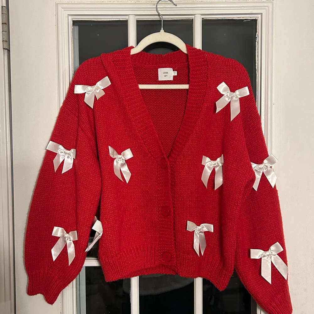 Luna and Ivy Red Cardigan with White Bows